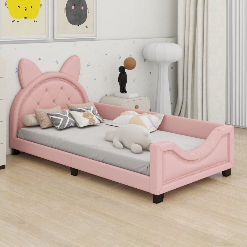 Lit de jour simple rembourré, structure de lit de jour en bois avec tête de lit, lit plateforme en cuir de polyuréthane pour filles, profil bas simple sans sommier