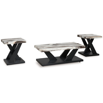Usim 3Pc Coffee And End Table Set, White Faux Marble Top, Black X Base