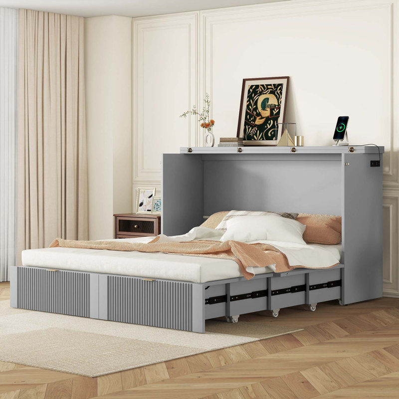 Murphy Bed Wall Bed With Drawer, White, Queen