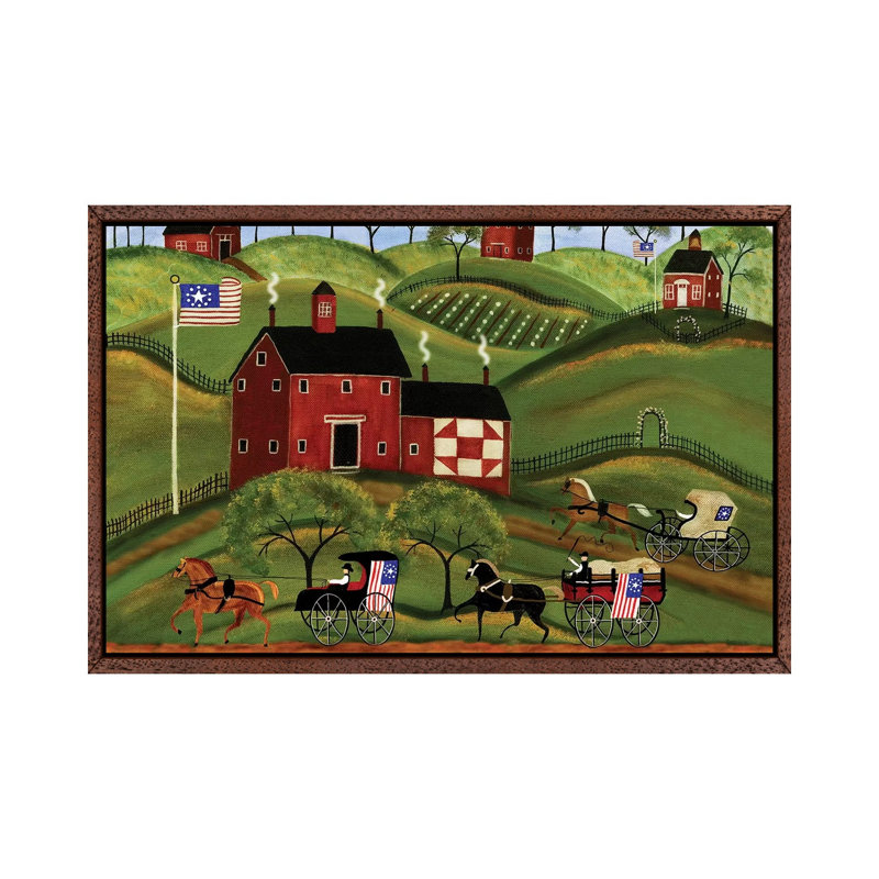 4th Of July Country Parade by Cheryl Bartley - Painting on Canvas, Classic Brown Wood Framed