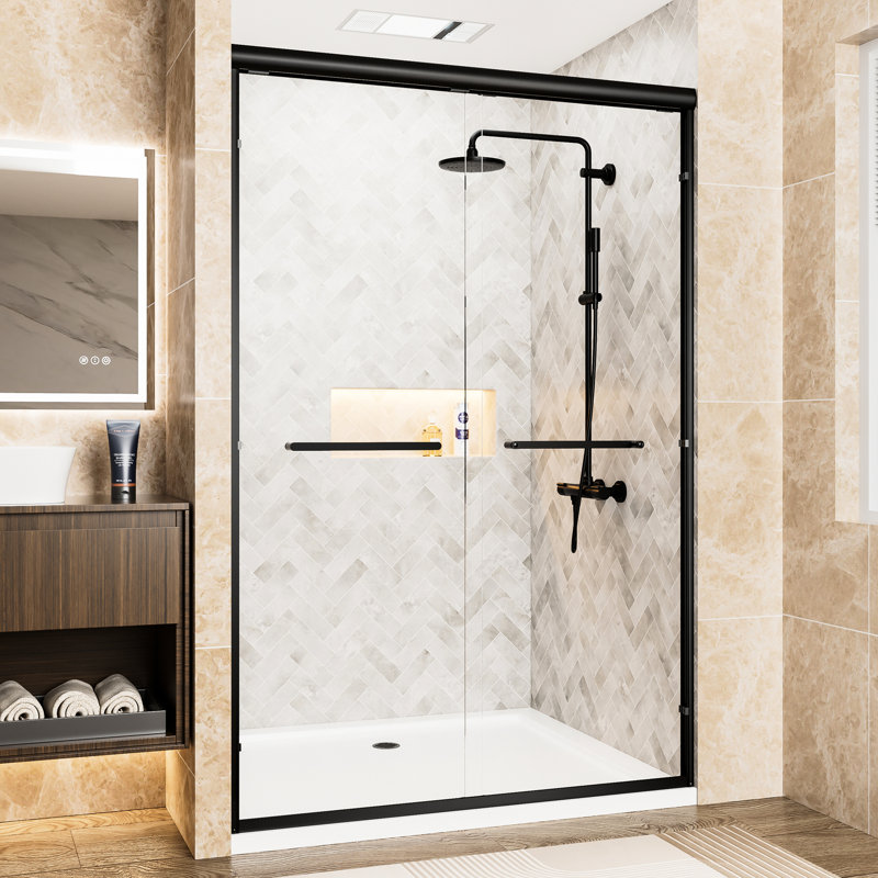 Matte Black Aluminum Frame48" X 72"Double Sliding Shower Doorclear Tempered Glassanti-Rustwaterproofreversible Setupbathroom 48" W 72" H Double Door Of Aluminum, 1/4"  6Mm  Clear Glass With Shatter