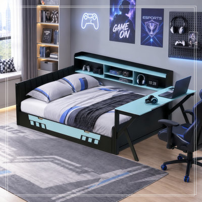 Lit de jeu pleine grandeur avec bureau, étagères de rangement, éclairage DEL et borne de recharge