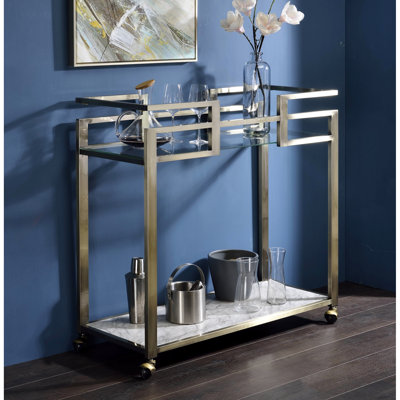 Rectangular 2 Tier Serving Cart With Faux Marble Top, 5 Mm Tempered Glass And Brass Finish, 90lbs Load Bearing Shelf Capacity