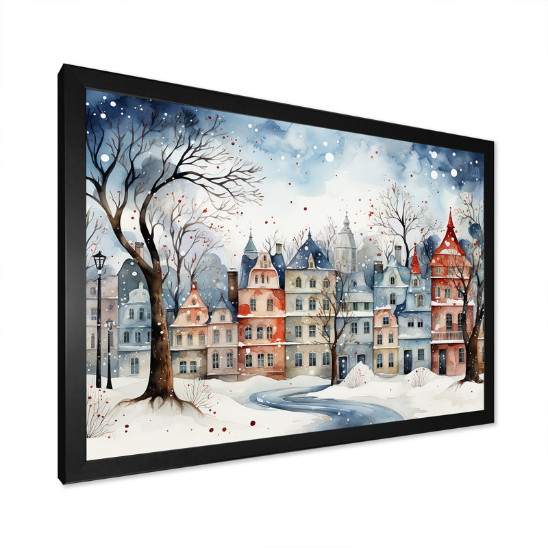 «Christmas village in Winter III - Winter Landscape», art mural encadré, Cadre d'angle fermé noir, H 24 po x l 32 po x P 1 po
