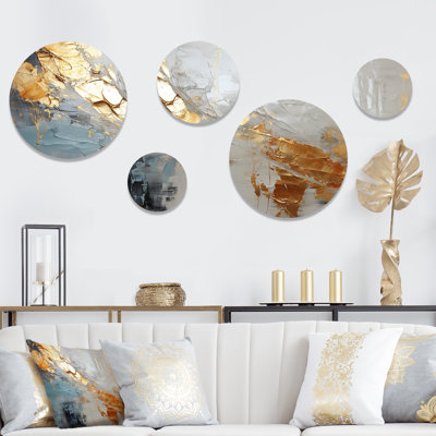 Or et gris, formes liquides modernes III - ensemble abstrait d'art mural rond de 5