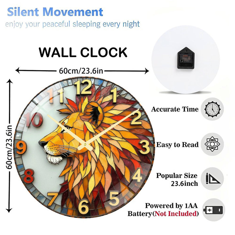 Magnifique horloge murale en forme de lion avec horloge murale 24 po