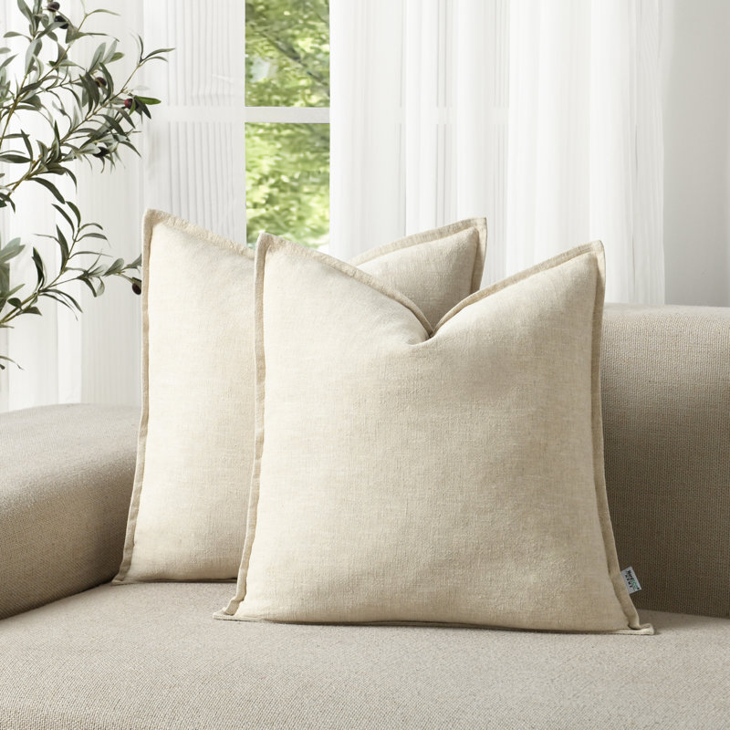 Boho Farmhouse Pillow Cover Soft Boho Farmhouse Washed Linen Textured Cotton Throw Pillow Covers, Natural Linen, Square 18"