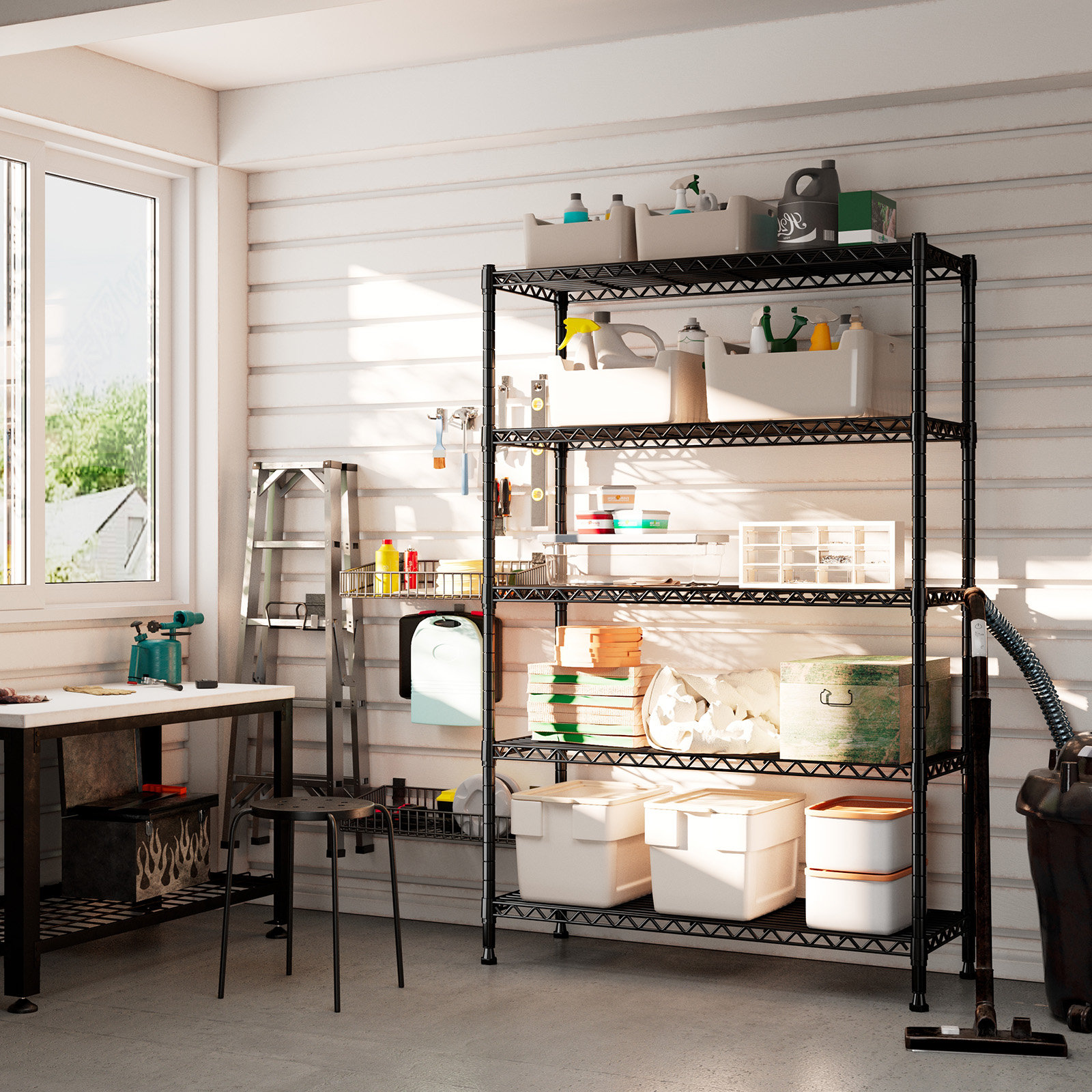 The interior of the Large Storage Room with shelves, racks, and