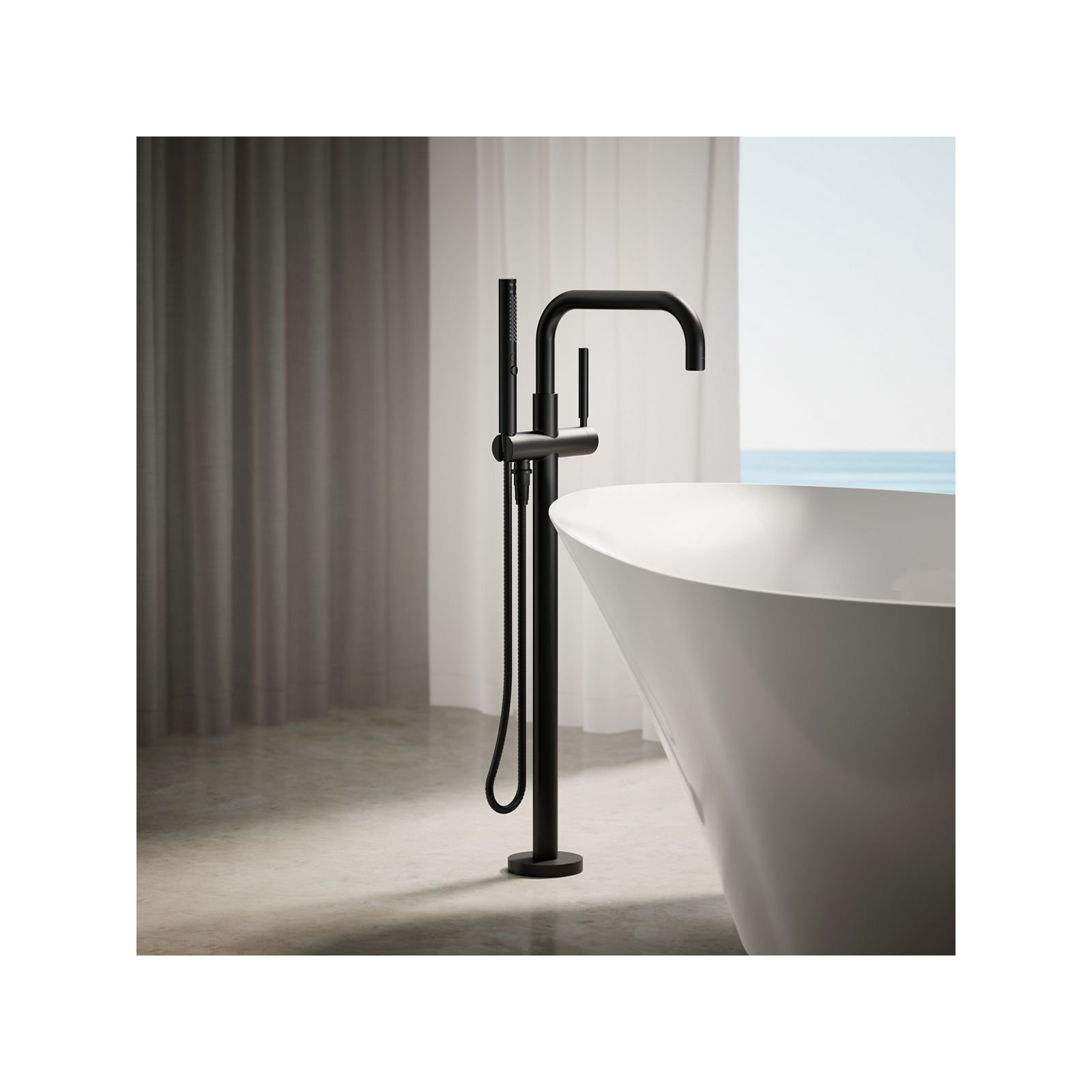Purist Floor-Mount Bath Filler Trim with Handshower, Matte Black