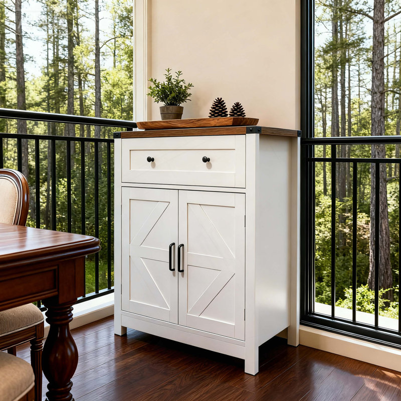 Wood-Grain Top Farmhouse Barn-Door Storage Cabinet, Coffee Bar Buffet Sideboard With Drawer For Kitchen & Living Room
