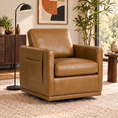 Fauteuil pivotant d'appoint en cuir véritable de 76 cm (30 po) avec poche latérale réglable et structure en bois massif
