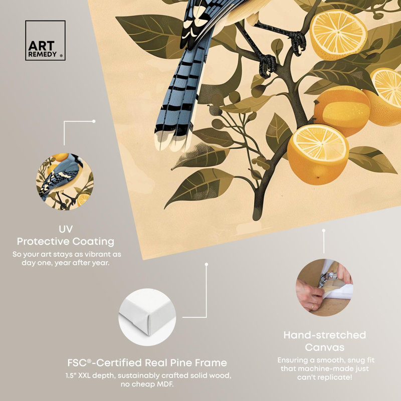Bluejay on Lemon Tree Retro Japanese Art Canvas Print, 24" x 16"