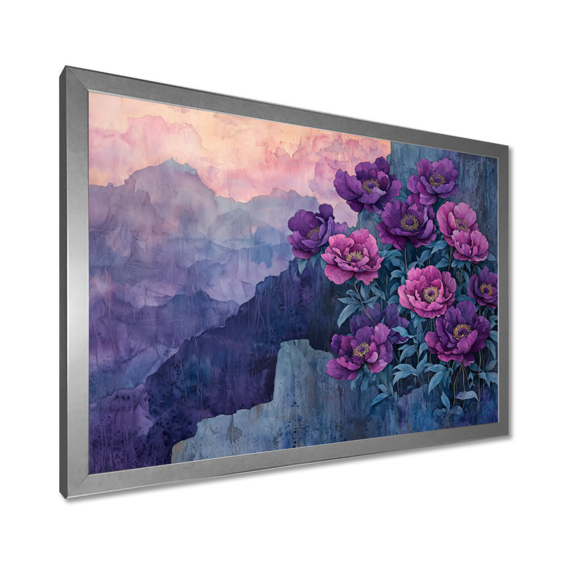 Lavande, pivoines sur le versant rocheux II - pivoines, art mural, H 24 po x l 32 po, Cadre simple argenté