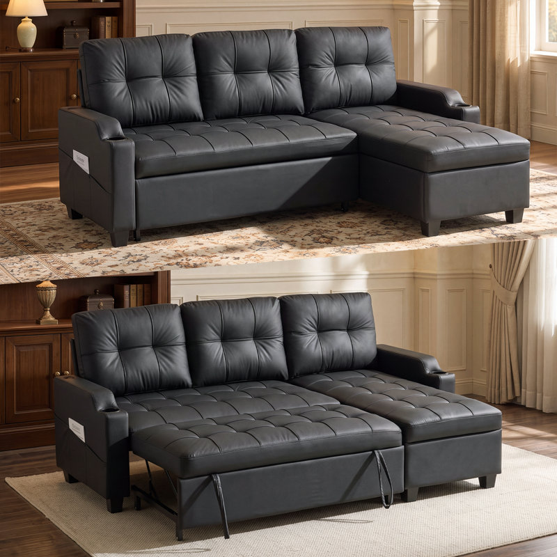 L‑Shaped Faux Leather Pull‑Out Sofa Bed with USB Charging Cup Holders & Storage Chaise, Black