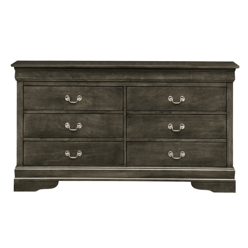 Commode grise avec touche de chambre à coucher traditionnelle - 5 tiroirs et plus, bases, moulures courbées, guides centraux en métal pour une utilisation fiable ou plus de tiroirs, guide sécurisé