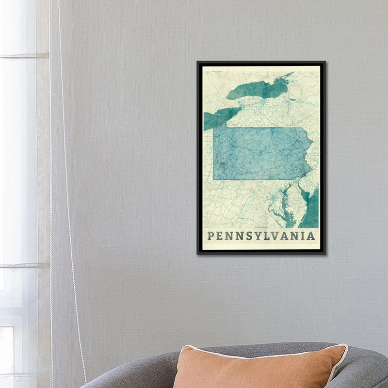 «Pennsylvania Map», reproduction d'impression sur toile, H 26 po x l 18 po x P 1,5 po, Toile avec cadre noir, Pas de tapis