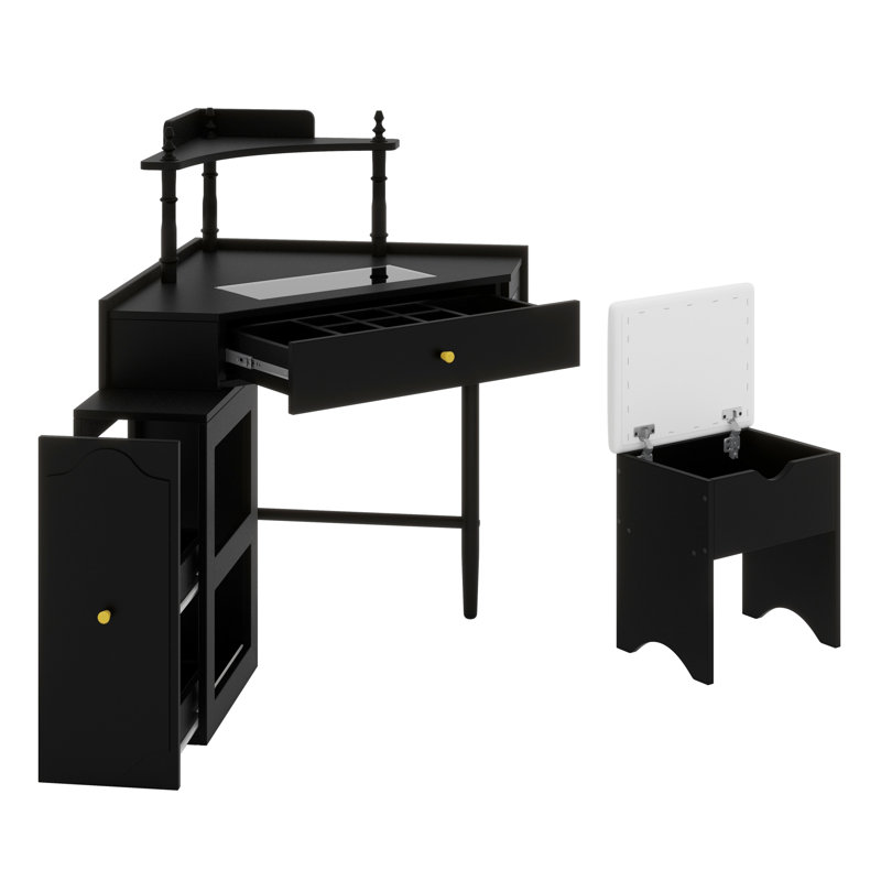 Meuble-lavabo de coin multifonctionnel avec plateau en verre, station de charge et armoire latérale amovible