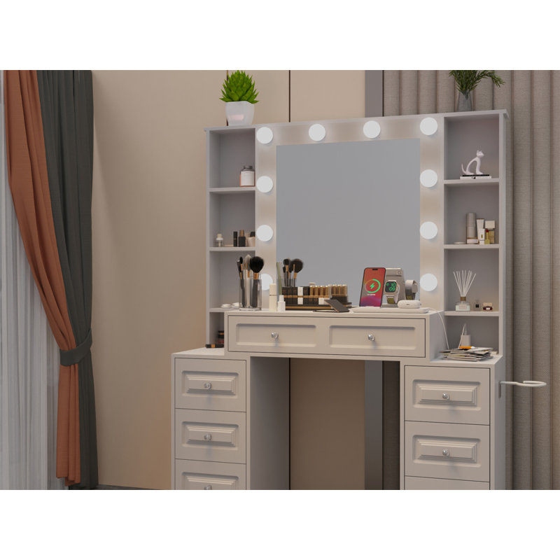 Bureau de coiffeuse avec miroir et lumières, coiffeuse avec miroir éclairé et station de charge, commode de coiffeuse