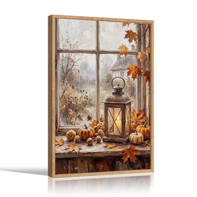 Lanterne illuminée et citrouilles sur une fenêtre pluvieuse - Tableau sur toile pour l'Halloween