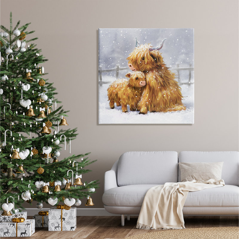 Peinture sur toile, "Bouvier veau, ferme enneigée", H 36 po x l 36 po x P 1,5 po