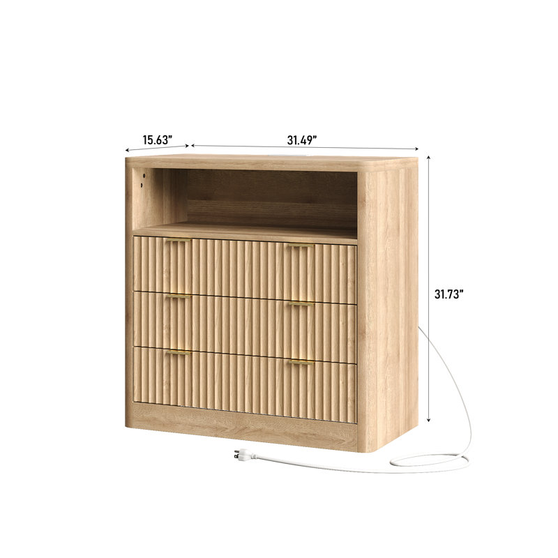 Fluted Night Stand With LED Light & Charging Station, Abella With 3 Storage Drawers, 31” Wide Top, Modern Farmhouse Bedside Table For Bedroom, Living Room, Closet