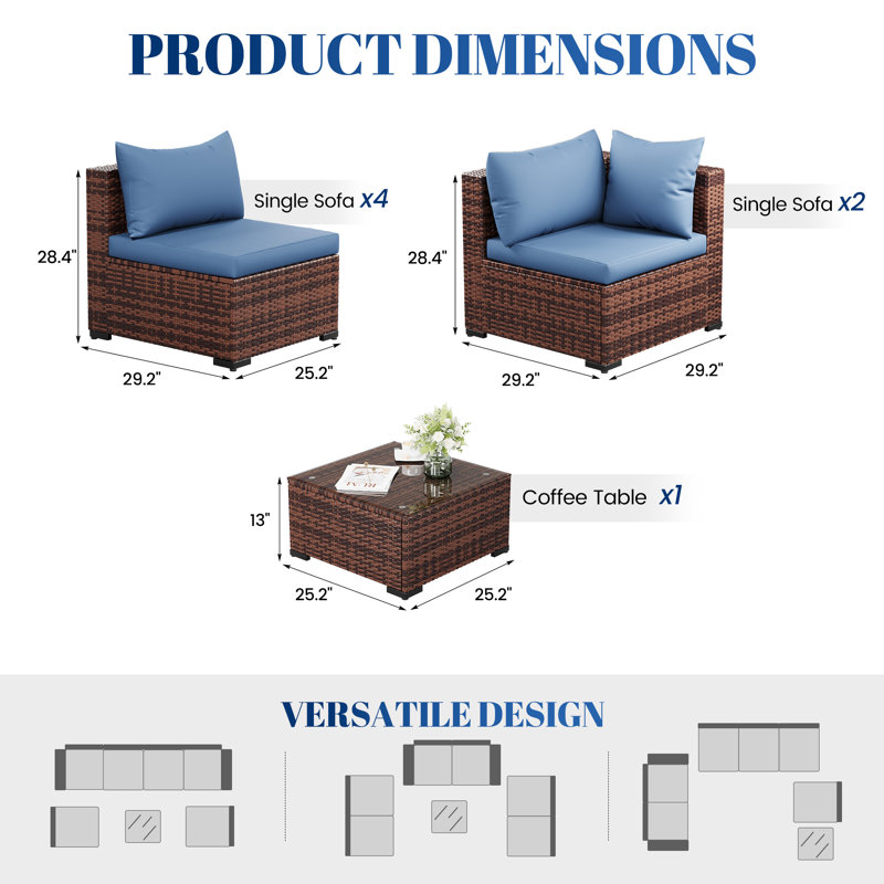 Ensemble de conversation modulaire en rotin 7 pièces avec coussins Bhairavi, Bleu marine