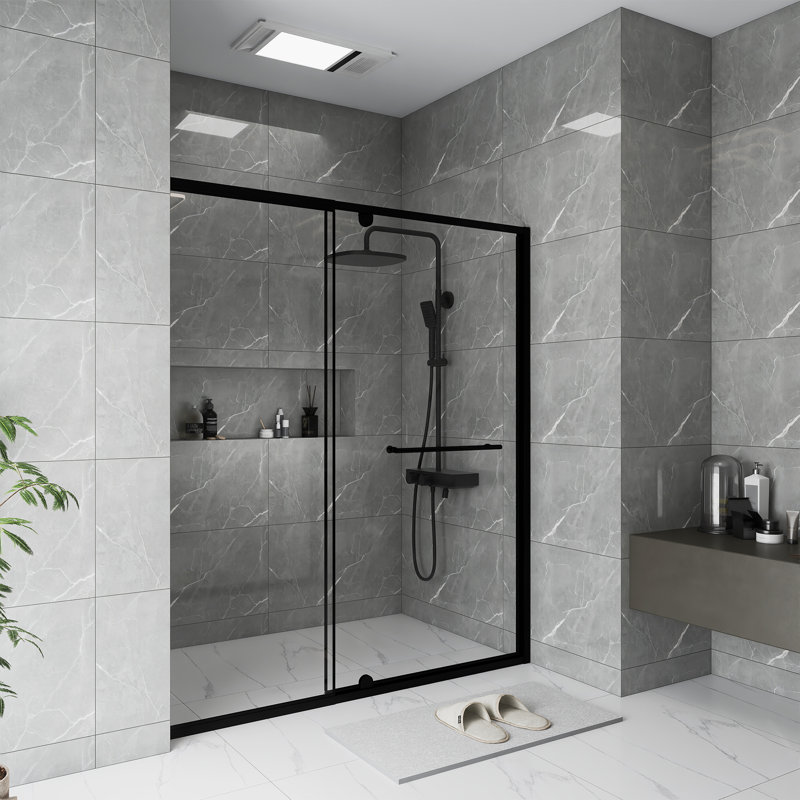 60.In W X 72.In H Pivot Shower Door | 1/4 Inch Thick Clear Tempered Glass | With Stainless Steel Handle | Black, Matte Black