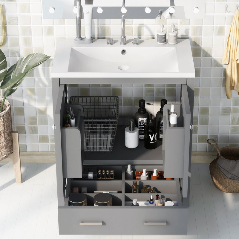 Meuble-lavabo de salle de bain avec lavabo simple encastré, Gris