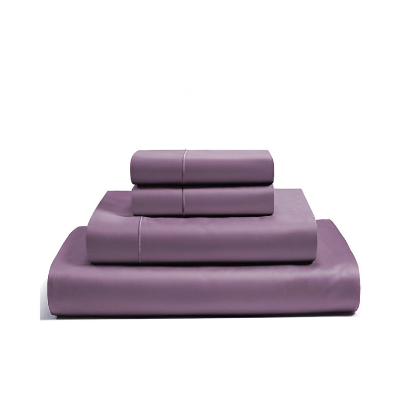 400TC Luxurious Single Embroidery Sateen Solid Cotton 4 Piece Sheet Set Fitted Sheet Fits Upto 16" Deep Pocket, Lilac