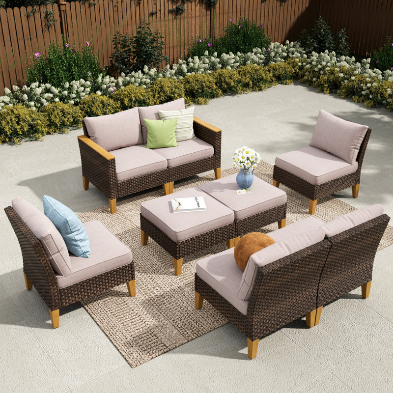 All Weather Wicker/Rattan 8 - Person Seating Group with Cushions, No, Beige