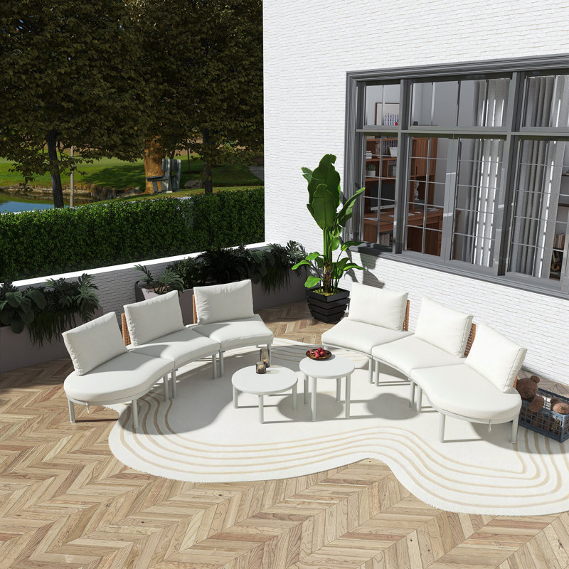 8-Piece Half-Moon Outdoor Sectional Sofa Set With 2 Height-Adjustable Coffee Tables, PE Wicker, Tempered Glass, 6 Pillows & Cushions, Beige