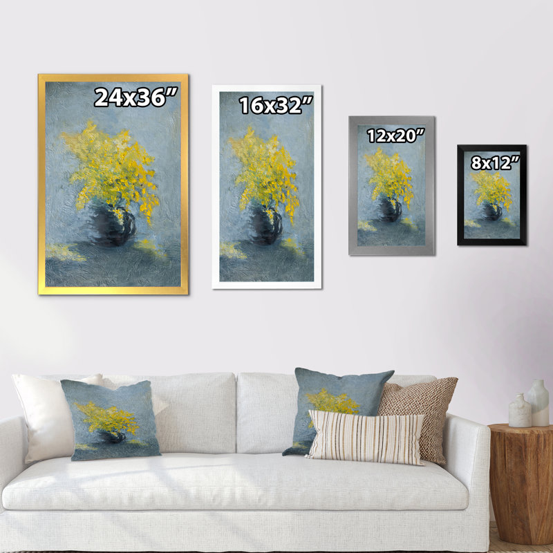 Nature morte jaune et bleu Mimosa - Peinture, Cadre photo argenté, H 32 po x l 16 po x P 1 po
