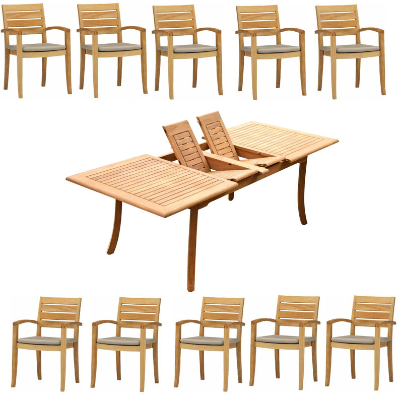 8 Seats 9 Pcs Grade-A Teak Wood Dining Set: 94" Double Extension Rectangle Table And 8 Travota Stacking Arm Chairs #11TV2008