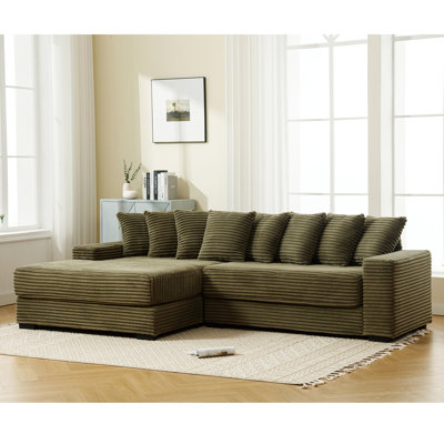 Très grand canapé en forme de L en deux pièces avec méridienne gauche, accoudoirs et huit coussins décoratifs pour un assemblage facile et une détente