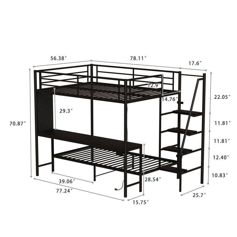Black Full Size Bed With Bunk, Led Lights, Desk, And - Tipping Wall Attachment For Secure Placement Bunk Twin, Built In Workspace, Guardrails, Lighting Customization
