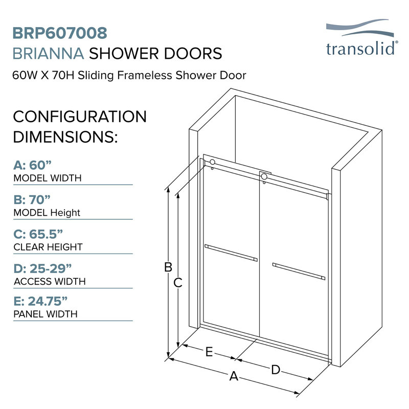 Porte de douche coulissante sans cadre Transoler Brianna, l 60 po x H 70 po, verre trempé transparent de 5/16 po, Chrome