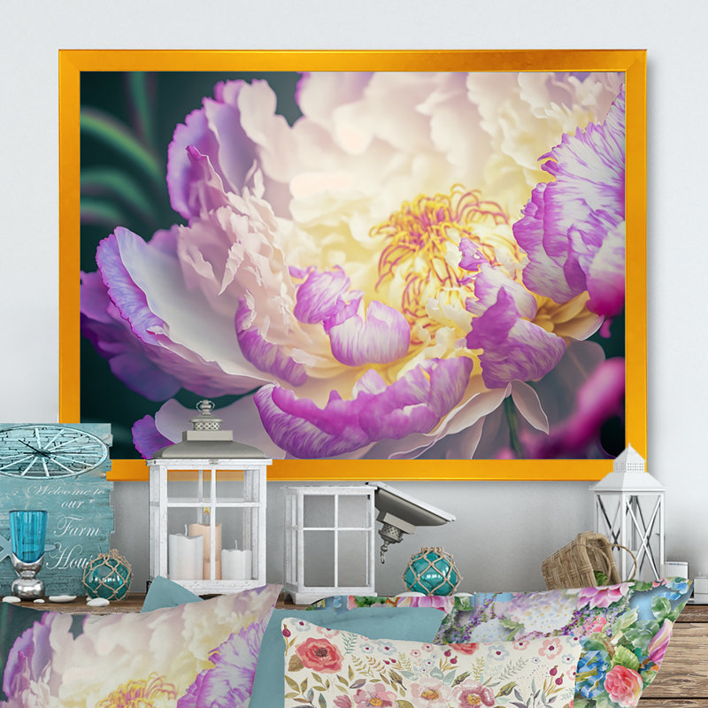 Pivoine rose et blanche au printemps I - reproduction sur toile, L 20 po x H 12 po, Toile avec cadre photo doré