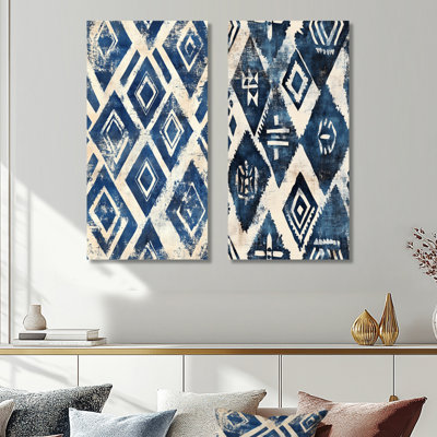 Indigo Tribal Pattern I – Blue Abstract Metal Wall Decor Print Set of 2