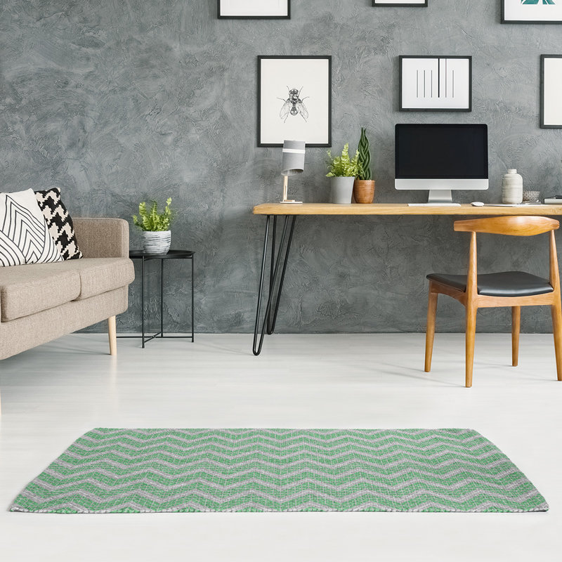 Tapis bleu/gris à chevrons à main, Rectangle 5 pi x 7 pi