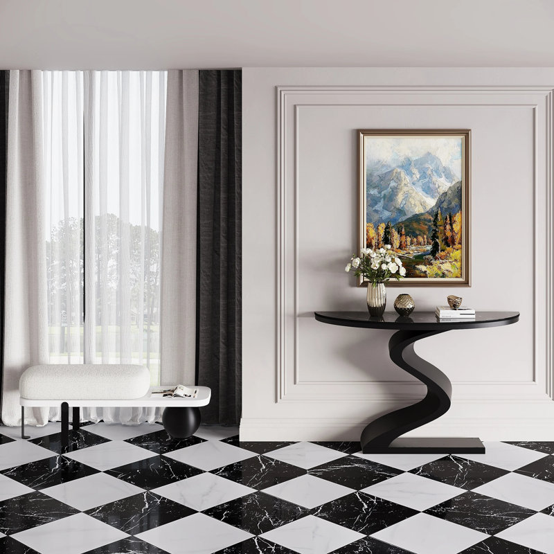 Modern 39.4" Curved Console Table with Sintered Stone Top Half Moon Shape, Black/Black