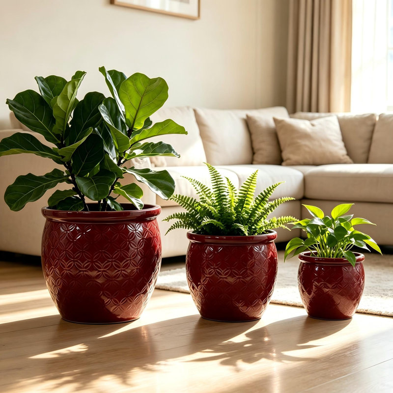 Handmade Embossed Ceramic Planter Set (Set of 3)