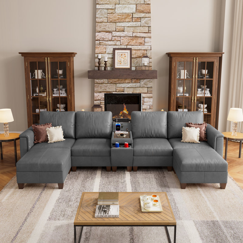 Canapé modulaire en forme de U de 132 po de largeur à 132 places avec console et rangement, gris, Grey Faux Leather