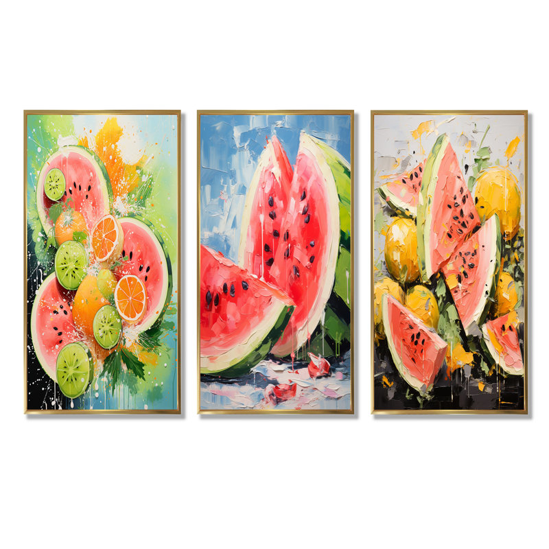 «Summertime Watermelon Fruit I - Fruit», ensemble de 3 reproductions d'art mural, Cadre flottant doré, H 40 po x l 60 po