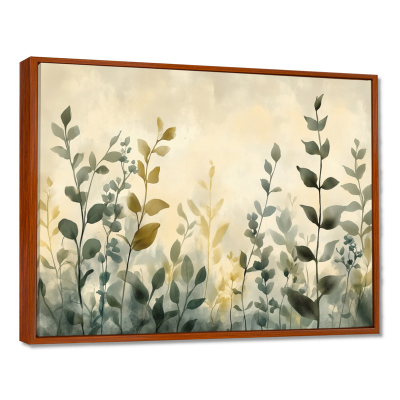 «Neutral Herb Horizon I», décoration murale en toile botanique beige, Cadre flottant brun, H 24 po x l 32 po