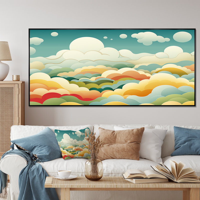 Motif de ciel minimalisme bleu et jaune - art mural ciel, H 28 po x l 60 po x P 1,5 po, Cadre flottant noir