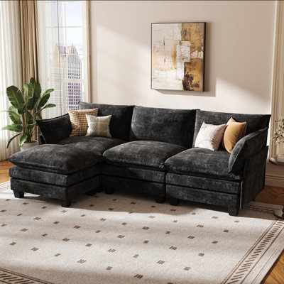 Modular Sectional Sofa, L-Shaped 4 Seater Cloud Couch with Ottoman,Chenille Modern Sectional Couches for Living Room, Black