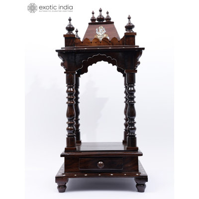 Hand-Carved Open-Sided Puja Temple, 28-Inch Wooden Home Shrine with Storage Drawer