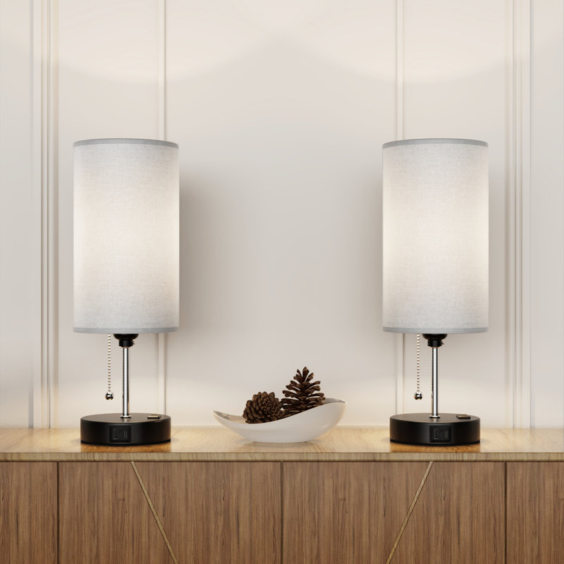 Lampe de table pour la chambre à coucher avec prise de courant et ports USB, lampe de chevet à abat-jour gris de 15 po à 3 couleurs pour la chambre à coucher, le salon et les ampoules incluses