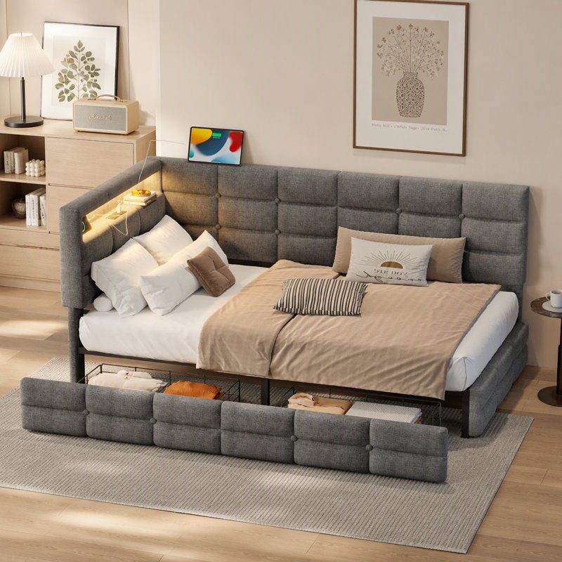 Upholstered Twin Size Daybed With Storage 2 Drawers And Charging Station, Day Bed Frame With LED Lights And Storage Headboard, No Box-Spring Needed