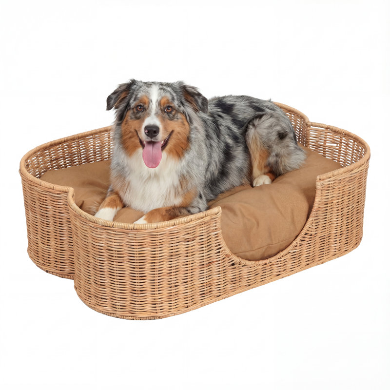 Lit pour chien en rotin tissé à la main avec coussin lavable à la machine Scallop, 9,5 po H x 31 po L x 20 po P, Marron clair